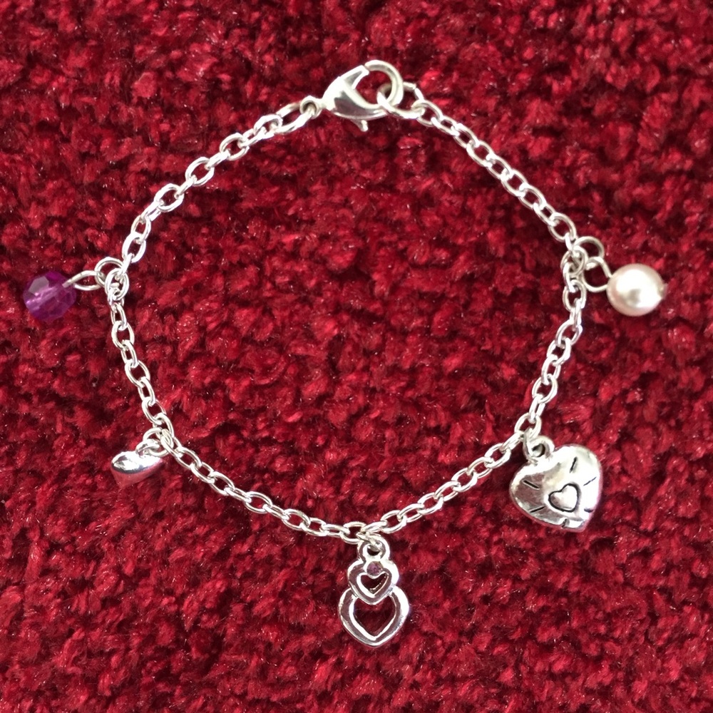 Silver Heart Charm Bracelet Y2K Purple Coquette Girl Prom Vintage Twee Clueless